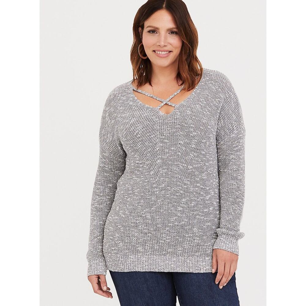 Torrid Plus Size 1X Sweater Grey Marled Strappy Front Pull Over Long Sleeve Knit